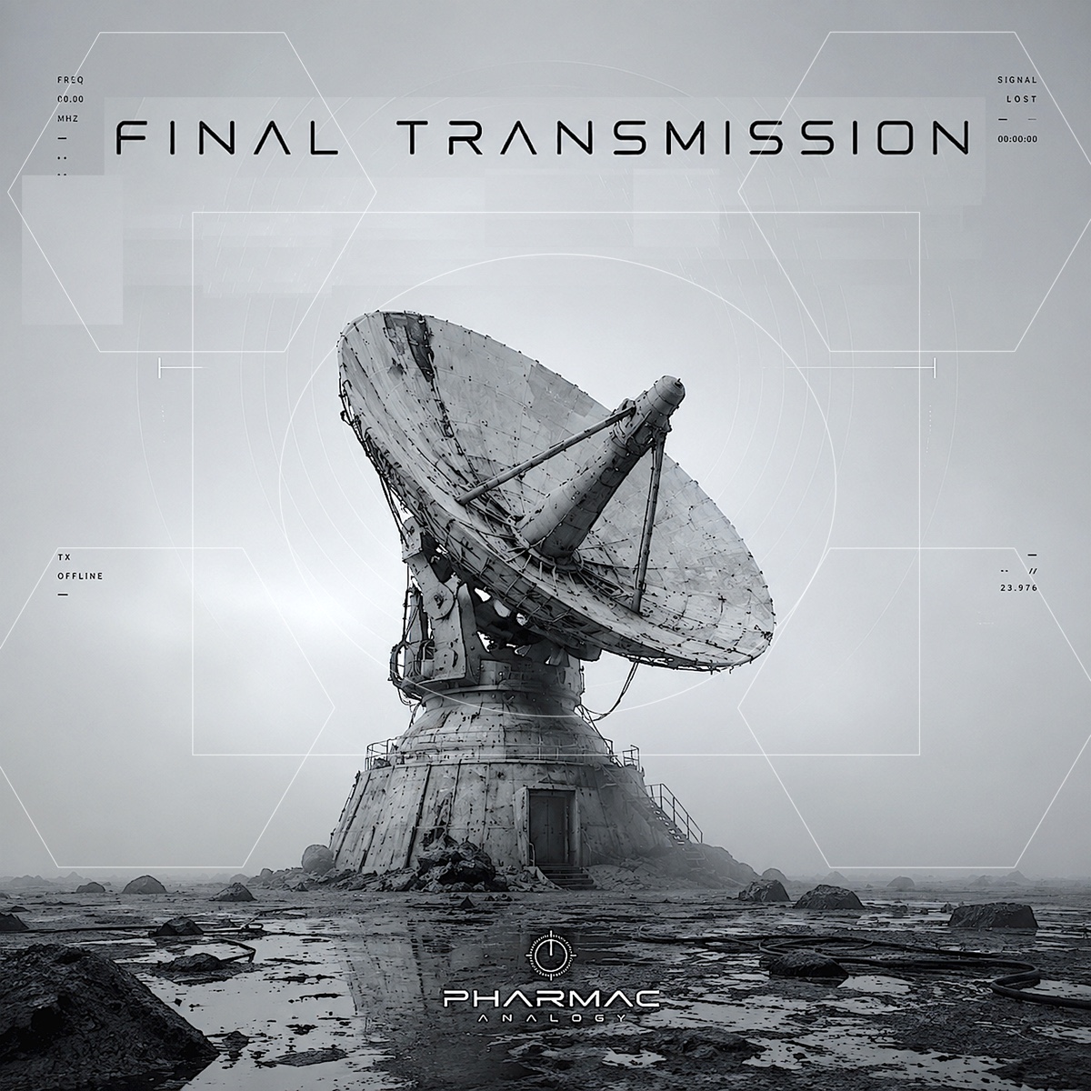 FINAL TRANSMISSION work-in-progress artwork by Pharmac Analogy, featuring an abandoned radio telescope in a pale monochrome landscape