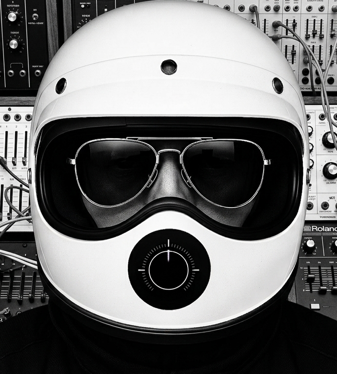 Jay Davidsound (JDVS) wearing the Pharmac Analogy helmet in front of analog music equipment