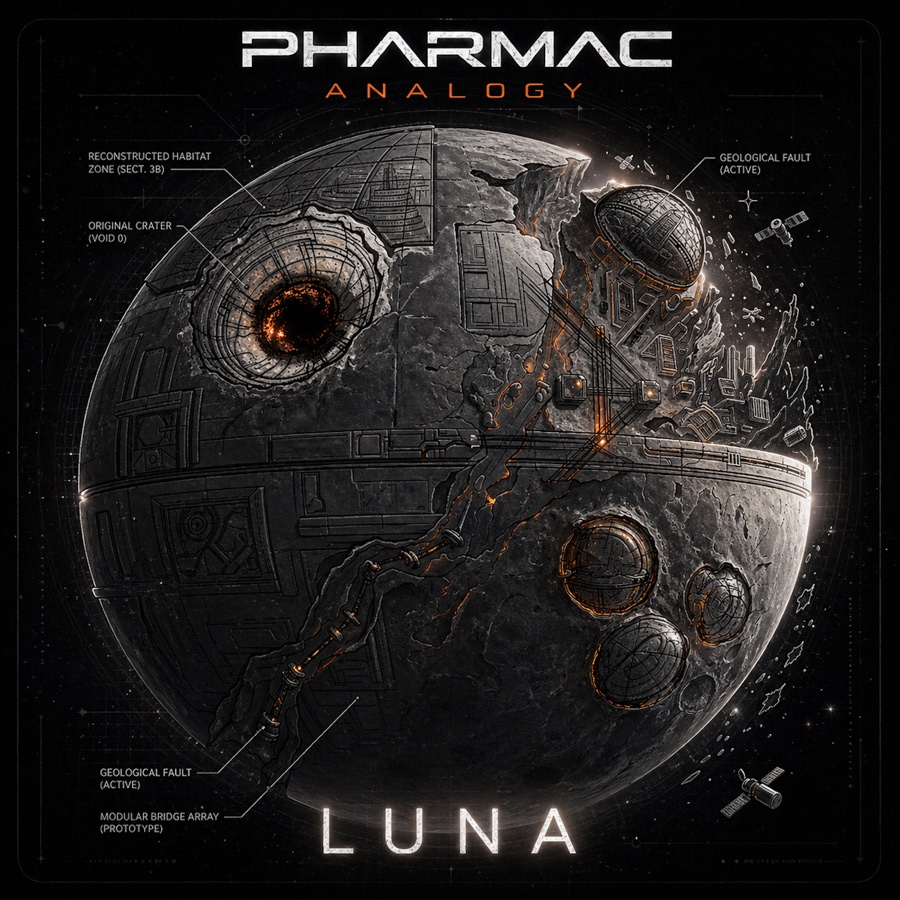 LUNA single artwork by Pharmac Analogy, depicting a fractured reconstructed moon with futuristic technical details