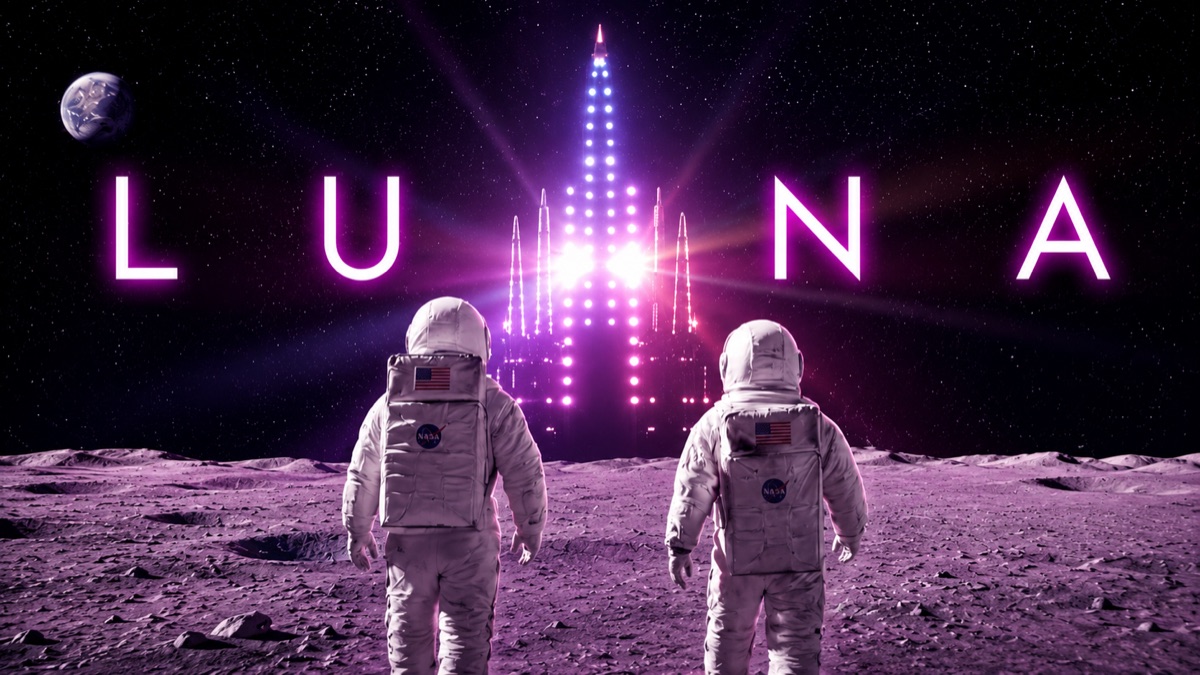 LUNA official video artwork showing two astronauts facing a luminous structure on the lunar surface