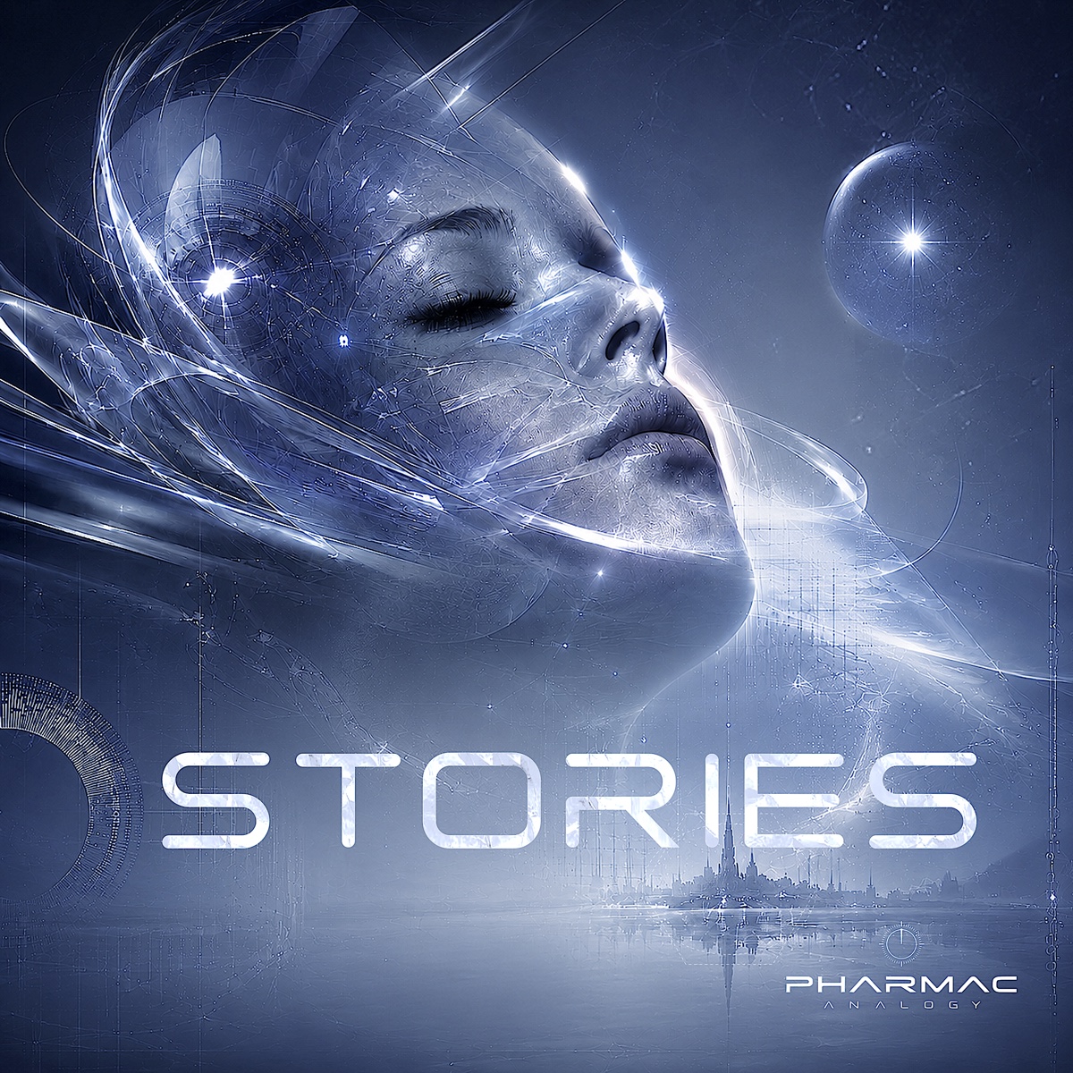 STORIES work-in-progress artwork by Pharmac Analogy, featuring a futuristic translucent female face in a blue technological environment