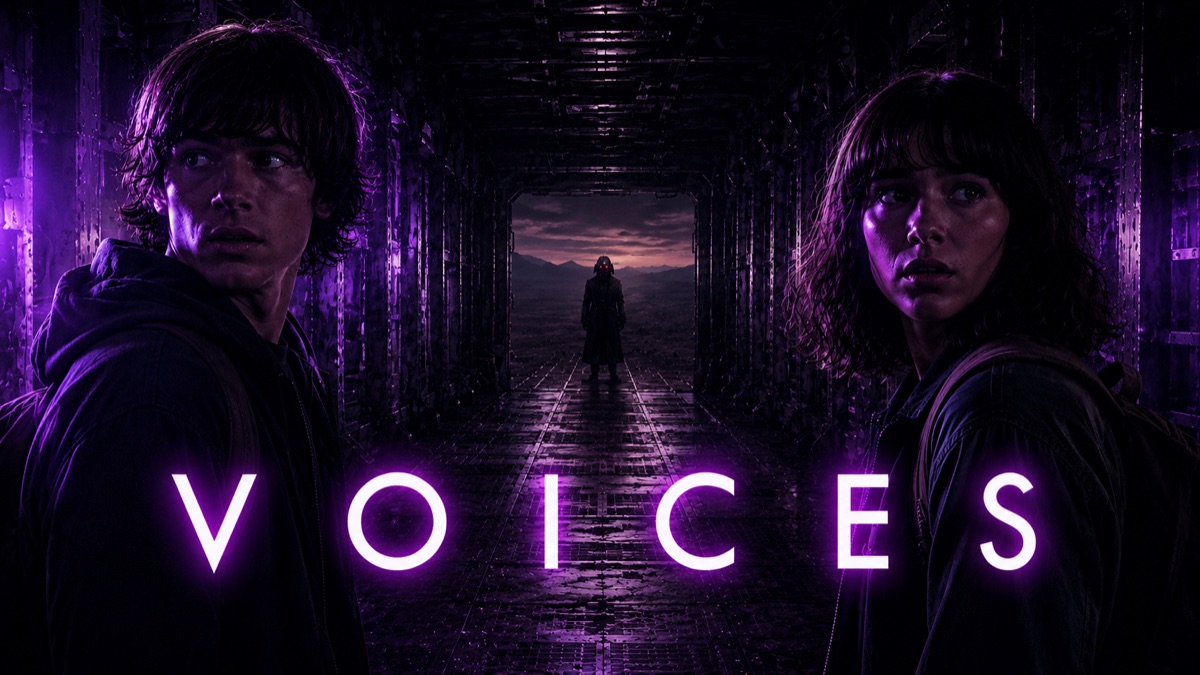 VOICES official video artwork showing two figures inside a dark purple futuristic corridor
